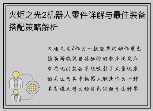 火炬之光2机器人零件详解与最佳装备搭配策略解析 火炬之光2机器人零件详解与最佳装备搭配策略解析