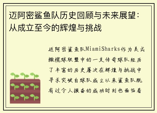 迈阿密鲨鱼队历史回顾与未来展望:从成立至今的辉煌与挑战 迈阿密鲨鱼队历史回顾与未来展望:从成立至今的辉煌与挑战